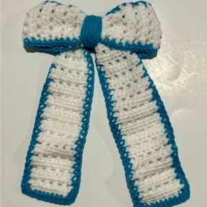 Handcrafted White and Teal Crochet Hair Bow